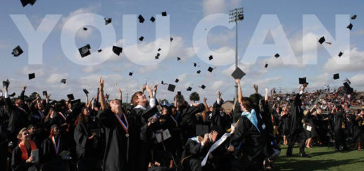 Image of students in black graduation caps and gowns throwing them up in the air cheering together with the words "You Can" in the background