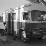 Black and white image of RV
