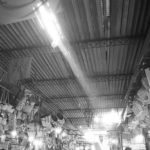 Black and white image of a market
