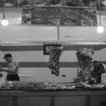 Black and white image of meat market