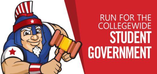Student Government Mr. Titan with red and blue background saying "Run for the collegewide student government."