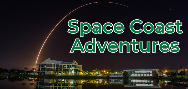 Image of the Cocoa campus at night with a rocket launching in the night sky. The words on the image say, "Space Coast Adventures"