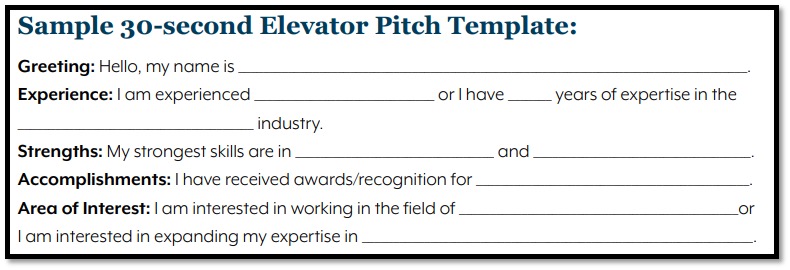 Sample 30-Second Elevator Pitch Template:

Greeting: Hello, my name is [blank].
Experience: I am experienced [blank] or I have [blank] years of expertise in the [blank] industry.
Strengths: My strongest skills are in [blank] and [blank].
Accomplishments: I have received awards/recognition for [blank].
Area of Interest: I am interested in working in the field of [blank] or I am interested in expanding my expertise in [blank].