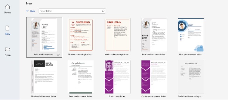 A Microsoft Word interface displaying 10 different cover letter templates.